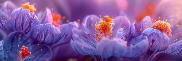 ai generado etéreo azafrán flores disfrutar en el amanece brillo, su brillante pétalos despliegue en un de ensueño púrpura bruma. foto