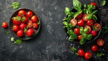 Fresh Tomatoes and Herbs on a Cutting Board photo