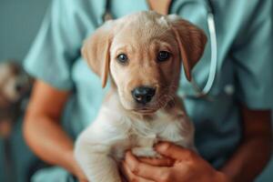 AI generated Compassionate Veterinary Care Young Puppy Held by a Veterinarian photo