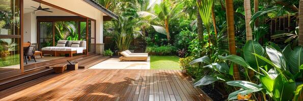 AI generated Tropical Elegance Wooden Decking with Luxurious Lounging Area Amid Greenery photo