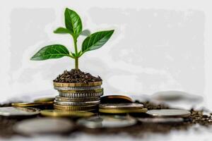 ai generado un joven verde planta coles encima un pila de monedas en contra un blanco fondo, representando el acumulación de riqueza foto