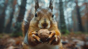 Squirrel Eating Nut in Woods photo