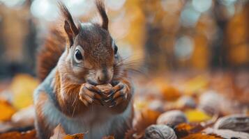 Squirrel Eating Nut in Pile of Leaves photo