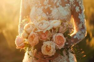AI generated The warm golden hour light enfolds a bride and her bouquet, capturing the romantic essence of a wedding day. photo