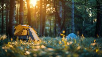 Group of Tents Pitched Up in Grass photo