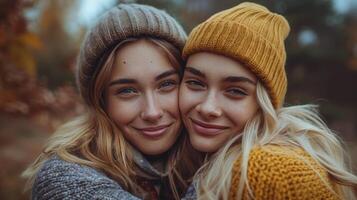 dos joven mujer abrazando cada otro en el bosque foto