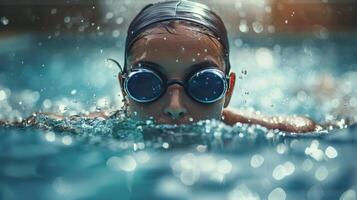 hombre nadando en piscina con amarillo sombrero y gafas de protección foto