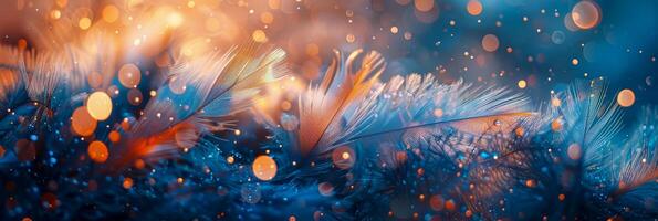 AI generated Delicate feathers are captured in an artistic arrangement, set against a magical backdrop of bokeh light photo