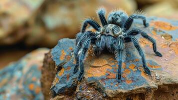 Large Blue Spider Sitting on Top of a Rock photo