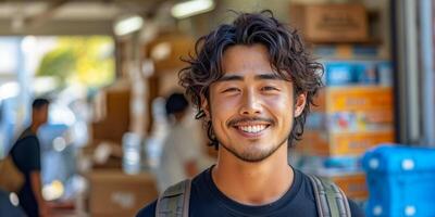 ai generado un alegre joven hombre con un ondulado peinado y mochila soportes en un bullicioso urbano ambiente, exudando un cálido, accesible ambiente foto