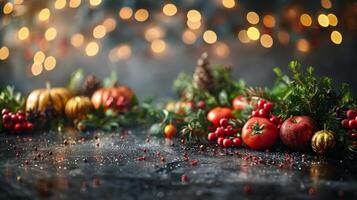 Black Background With Apples, Leaves, and Pine Cones photo