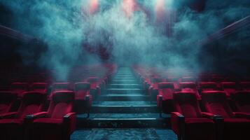 vacío teatro con rojo asientos y fumar foto