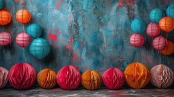 Group of Paper Lanterns Hanging From Wall photo