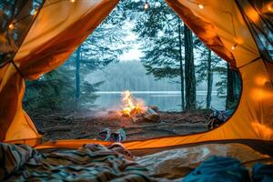 AI generated Cozy Campsite View from Inside Tent photo