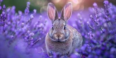 ai generado sereno conejito en medio de lozano lavanda floraciones en amable ligero foto