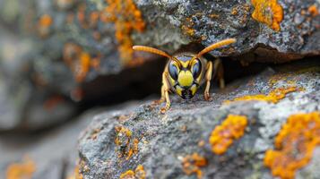 Yellow and Black Insect on Rock photo