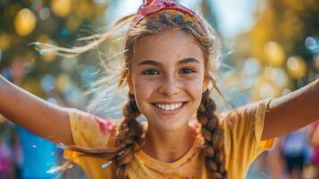 joven niña con trenzas sonriente a el cámara foto