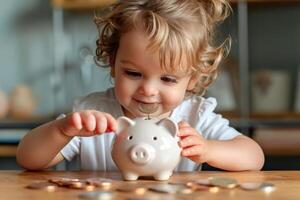 AI generated A focused young child is seen depositing a coin into a piggy bank, showcasing the beginnings of financial understanding photo