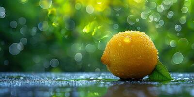 AI generated Lemon with Dew Drops in Sunlight photo