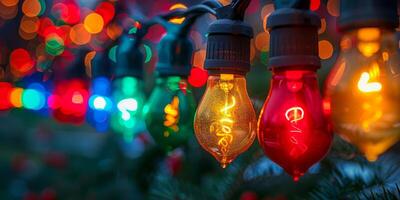 ai generado un de cerca ver de vistoso Navidad ligero bombillas, radiante un festivo resplandor ese trae el fiesta espíritu a vida. foto