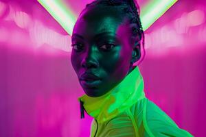 AI generated A confident female athlete poses in cutting-edge neon sportswear against a glowing pink background, exuding strength. photo