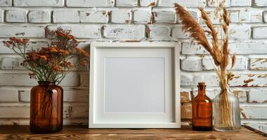 White Frame on Wooden Table photo