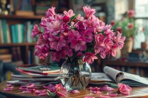 AI generated A lush arrangement of pink geraniums in a clear vase, placed on a vintage table surrounded by open books photo