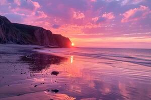 AI generated The sun kisses the horizon beneath a sky painted with shades of pink, reflected on the serene beach at twilight photo