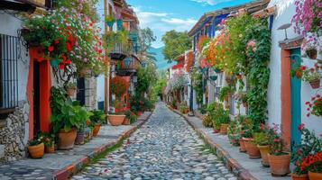 Cobblestone Street Lined With Colorful Flowers photo
