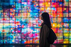 AI generated A solitary figure is captivated by the dazzling array of colors in a large-scale light art installation, showcasing a moment of urban contemplation. photo