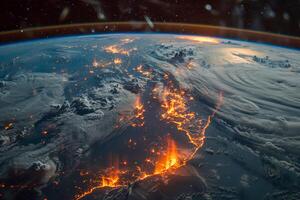 AI generated An awe-inspiring view from space of a city lights illuminating the Earths surface as night approaches. photo