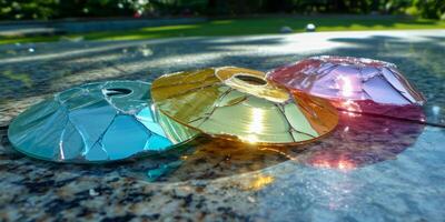 AI generated Shattered Colored CDs on Wet Surface in Sunlight photo