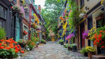 Cobblestone Street Lined With Colorful Flowers photo