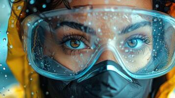 Man Wearing Yellow Jacket and Gas Mask photo