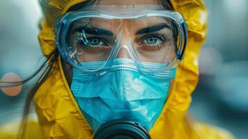 Man Wearing Yellow Jacket and Gas Mask photo