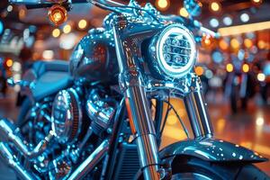 ai generado brillante motocicleta lámpara de cabeza a vibrante auto espectáculo exposición foto