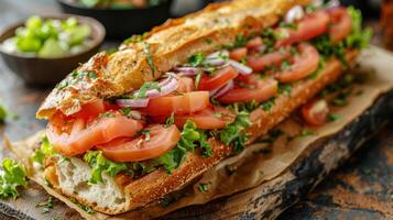 Delectable Sandwich With Tomatoes, Onions, Lettuce, and Meat photo