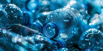 AI generated Sparkling Water Droplets on Blue Plastic Bottles photo