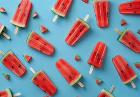 Watermelon Popsicles on a Blue Background photo