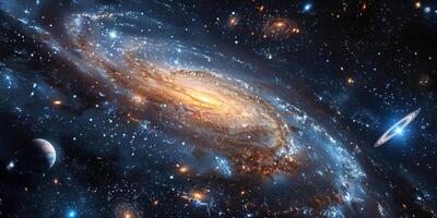 ai generado majestuoso espiral galaxia y planetario sistema en profundo espacio foto