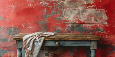 AI generated Vintage Wooden Table Against Distressed Red Wall with Draped Linen Cloth photo
