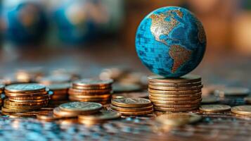 Globe on Top of Coin Pile photo