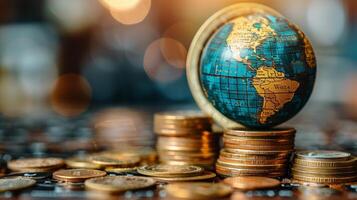 Globe on Top of Coin Pile photo