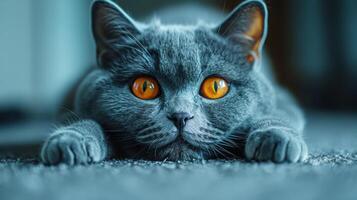 Gray Cat With Yellow Eyes Laying on Carpet photo