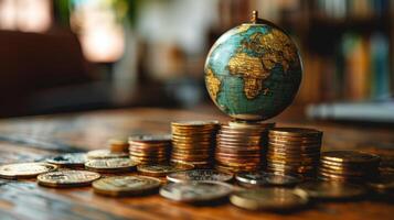Globe on Top of Coin Pile photo
