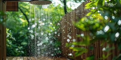 AI generated Serene Outdoor Shower Amidst Lush Greenery with Sunlight Filtering Through photo