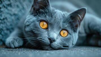 Gray Cat With Yellow Eyes Laying on Carpet photo