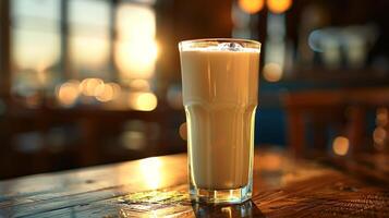 Glass of Milk on Wooden Table photo