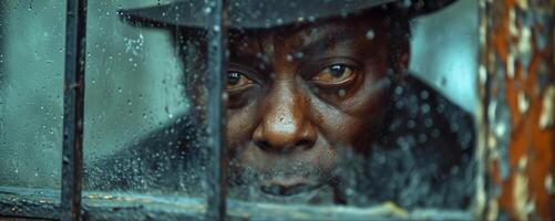 AI generated Pensive Man Gazing Through Rain-Splattered Window photo