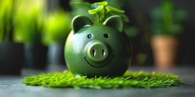 AI generated Eco-Friendly Savings Concept with Green Piggy Bank on Grass photo